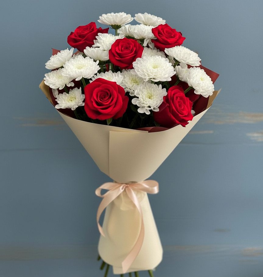 Букет цветов из: Розы и Хризантемы в Васильчиново