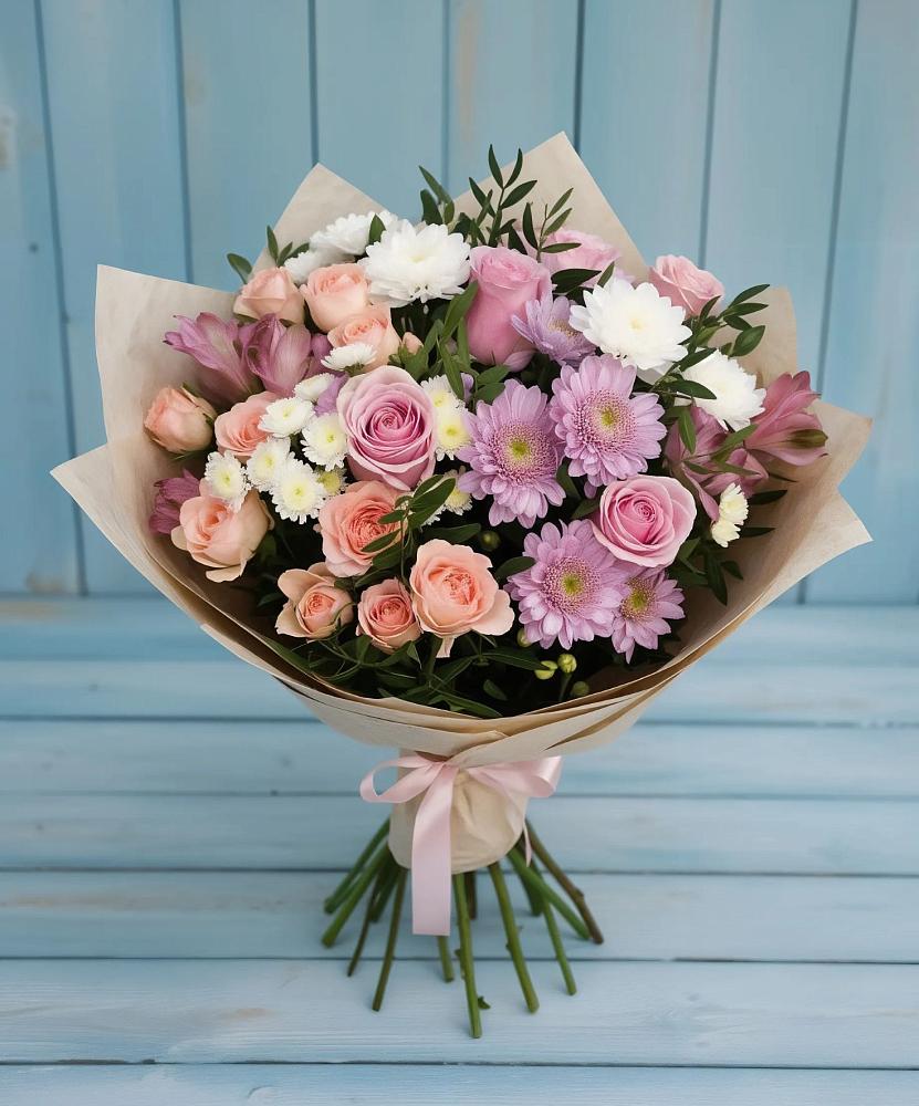 Букет цветов из: Хризантемы, Розы и Альстромерии в Васильчиново