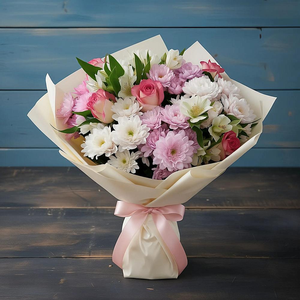 Букет цветов из: Хризантемы, Альстромерии и Розы в Васильчиново